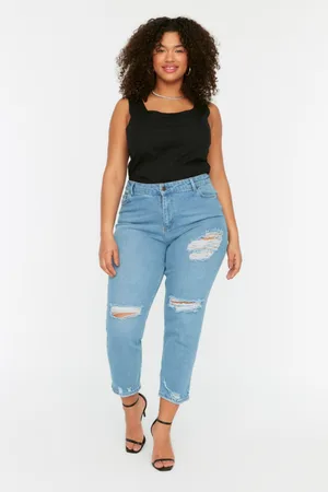 Trendyol Hellblaue, Dehnbare Röhrenjeans Mit Hoher Taille Und Zerrissenen Details für Damen - 54