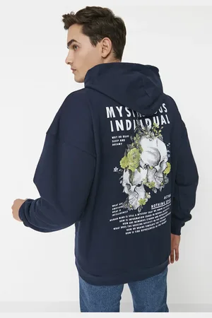 Trendyol Marineblaues, Übergroßes Fleece-sweatshirt Mit Kapuze Und Aufdruck - für Herren - S
