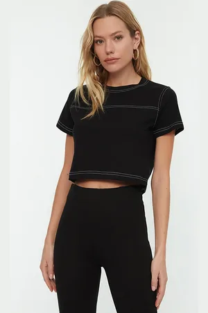 Trendyol Schwarzes, Kurzes Sport-t-shirt Mit Rundhalsausschnitt, 100 % Baumwolle, für Damen - M