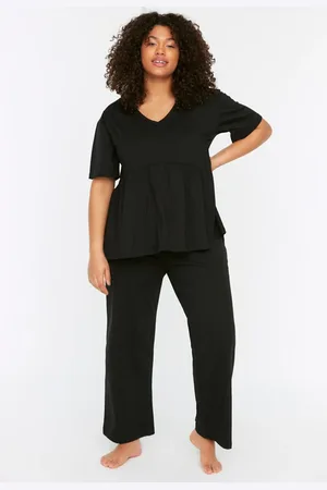 Trendyol Schwarzes Gestricktes Pyjama-set Mit V-ausschnitt für Damen - 2XL