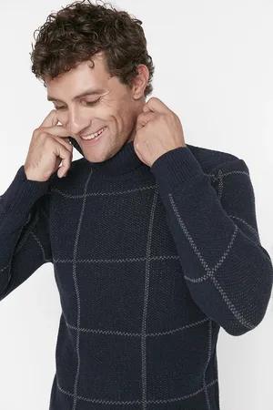 Trendyol Marineblauer Rollkragenpullover Mit Schmaler Passform – Woll-karomuster für Herren - XL