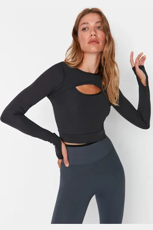 Trendyol Dunkelanthrazitfarbenes Crop-fenster/ausschnitt Und Daumenloch, Detailliertes Gestricktes Sport-top/bluse für Damen - S