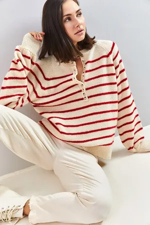 Bianco Lucci Gestreifter Strickpullover Mit Rollkragen Und Geknöpftem Kragen für Damen - Standard