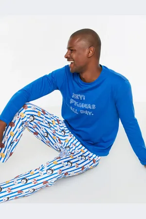 Trendyol Dunkelblaues Pyjama-set Aus 100 % Baumwolle Mit Normaler Passform Und Aufdruck für Herren - M