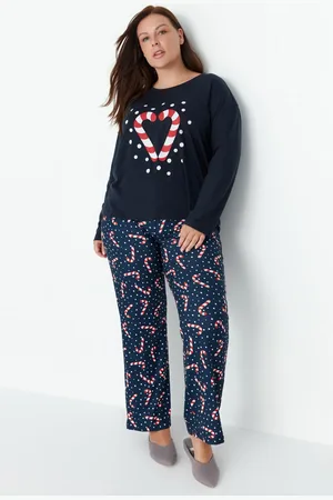Trendyol Marineblaues Pyjama-set Aus Strick Mit Neujahrsthema - für Damen - 5XL