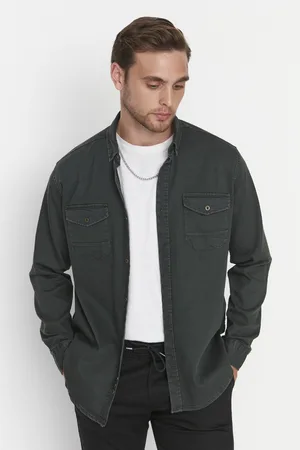 Trendyol Khakifarbenes Denim-hemd Mit Metallknöpfen für Herren - S