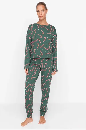 Trendyol Grünes Strick-pyjama-set Aus 100 % Baumwolle Mit Neujahrsmotiv für Damen - M