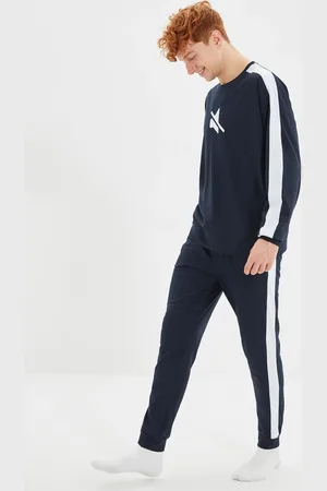 Trendyol Marineblaues, Gestricktes Pyjama-set Mit Normaler Passform Und Bedrucktem Streifendetail für Herren - XL