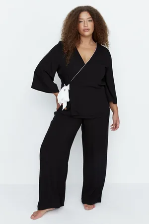 Trendyol Schwarzes, Zweireihiges, Gewebtes Pyjama-set Zum Binden Mit Kragen für Damen - 54