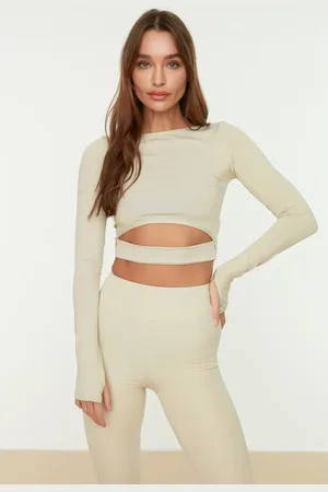 Trendyol Stone Crop Fenster/ausschnitt Und Daumenloch Detailliertes Gestricktes Sportoberteil/bluse für Damen - XL