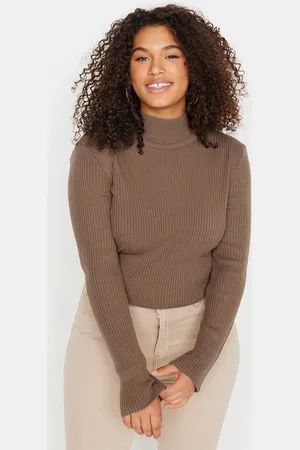 Trendyol Dünner Strickpullover Mit Halbem Rollkragen In Nerzbraun für Damen - 2XL
