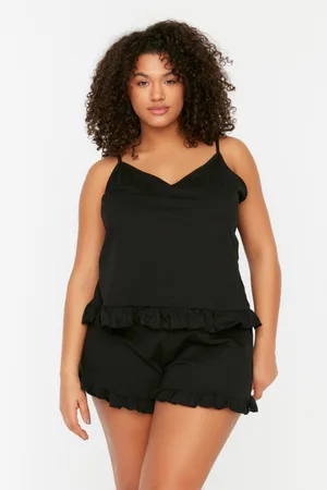 Trendyol Schwarzes Pyjama-set Aus Strick Mit Trägern Und Rüschendetail für Damen - 2XL