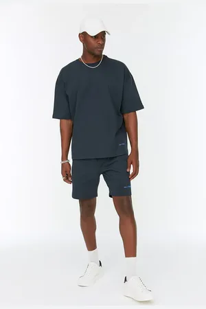 Trendyol Marineblaues, Besticktes Oversize-trainingsanzug-set – 100 % Baumwolle für Herren - L