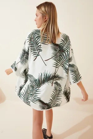 Happiness istanbul Grüner Gemusterter Viskose-kimono Mit Guipure-detail für Damen - 36