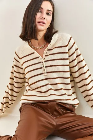 Bianco Lucci Gestreifter Strickpullover Mit Rollkragen Und Geknöpftem Kragen für Damen - Standard