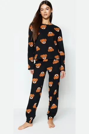 Trendyol Schwarzes Teddybär-strick-pyjama-set Aus 100 % Baumwolle für Damen - L