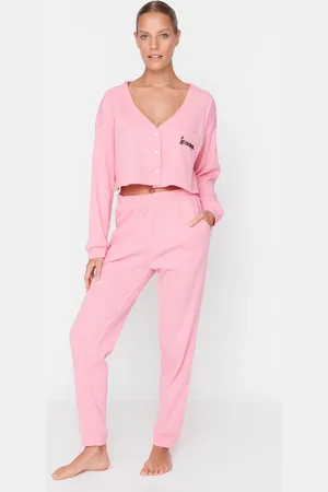 Trendyol Gestricktes Pyjama-set Aus Schnurgebundener Baumwolle Mit Stickerei für Damen - XL