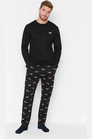 Trendyol Schwarzes Baumwoll-pyjama-set Mit Tiermuster – Normale Passform für Herren - S