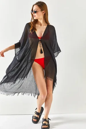 Olalook Schwarzer Pareo-kimono Mit Schlitz Und Spitze für Damen - Standard