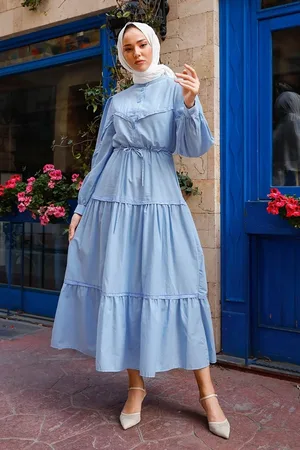 Instyle Guipure-detailliertes Hijab-kleid Mit Ballonärmeln – Babyblau für Damen - 44