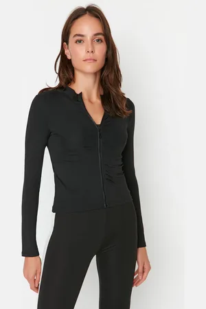 Trendyol Schwarze, Körperbetonte Strick-sportjacke/sweatshirt Mit Reißverschluss Und Stehkragen für Damen - L