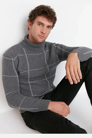 Trendyol Slim-fit-strickpullover Mit Rollkragen Und Karomuster – Anthrazit für Herren - XL