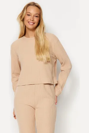 Trendyol Geripptes Beigefarbenes Strick-pyjama-set – Soft Key für Damen - M