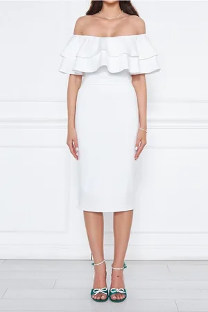Lovebox Weißes, Flexibles Midi-bleistiftkleid Aus Tauchstoff Mit Volant, Detailliertem Kragendesign 164 für Damen - 42