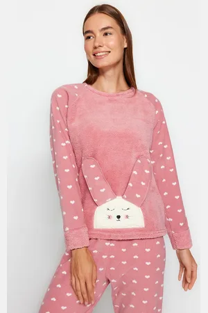 Trendyol Powder 3-teiliges Fleece-winter-strickpyjama-set Mit Herz-schlafband für Damen - L