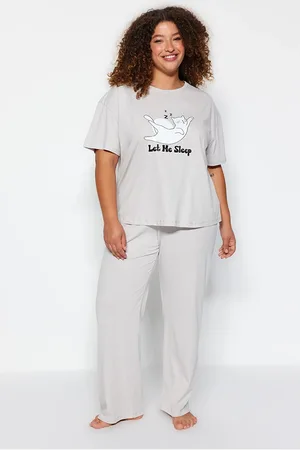 Trendyol Hellgraues Bedrucktes Pyjama-set Aus Strick für Damen - XL