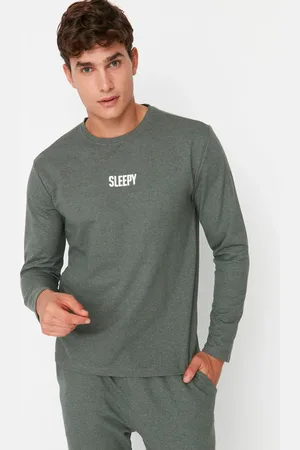 Trendyol Khakifarbenes Pyjama-set Mit Slogan-aufdruck, Reguläre Passform, 2-fädig Gestrickt, für Herren - M