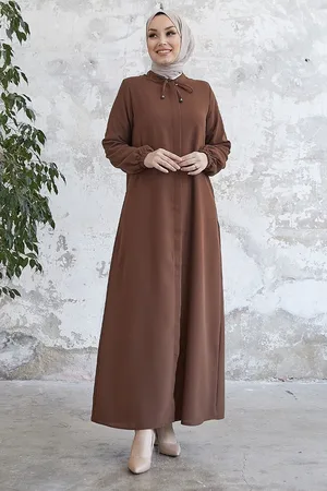 Instyle Abaya Mit Spitzenkragen Und Versteckter Knopfleiste – Hellbraun für Damen - 38