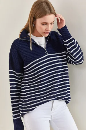 Bianco Lucci Sechs-streifen-strickpullover Mit Rollkragen Und Reißverschluss für Damen - Standard
