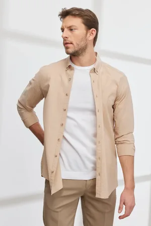 Altınyıldız Classics Beigefarbenes Slim-fit-baumwollhemd Mit Schmalem Schnitt Und Knopfkragen für Herren - M