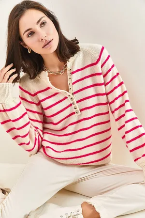 Bianco Lucci Gestreifter Strickpullover Mit Rollkragen Und Geknöpftem Kragen für Damen - Standard