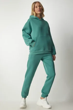 Happiness istanbul Dunkelgrünes Geripptes Trainingsanzug-set Mit Kapuze für Damen - 42