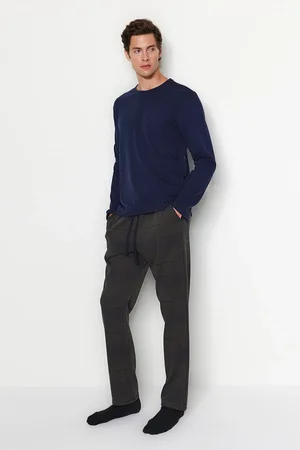 Trendyol Khakifarbenes, Kariertes, Gestricktes Pyjama-set – Reguläre Passform, Marineblau für Herren - S