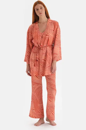 Dagi Morgenmantel Aus Bedrucktem Satin Mit Fliesenmuster Und Schlitzdetail für Damen - L/XL