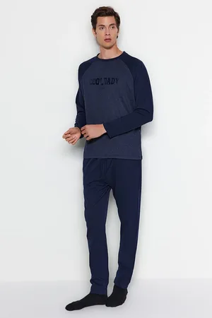 Trendyol Marineblaues, Regulär Geschnittenes, Bedrucktes Strick-pyjama-set Mit Raglanärmeln für Herren - M