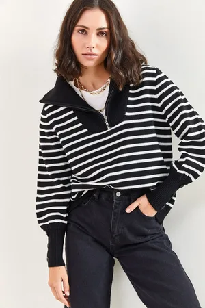 Bianco Lucci Gemusterter Pullover Mit Rollkragen, Reißverschluss, Ärmeln Und Knöpfen für Damen - Standard