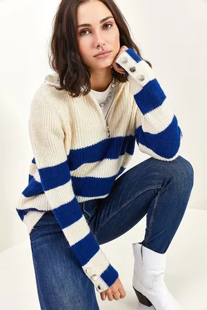 Bianco Lucci Rollkragenpullover Mit Reißverschluss, Dicken Gestreiften Ärmeln, Knöpfen Und Detailliertem Strickpullover für Damen - Standard