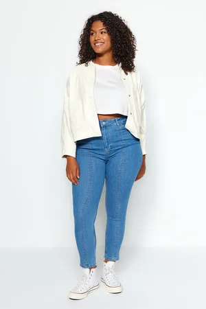 Trendyol Blaue, Hoch Taillierte, Dehnbare Röhrenjeans Mit Ziernähten für Damen - 44