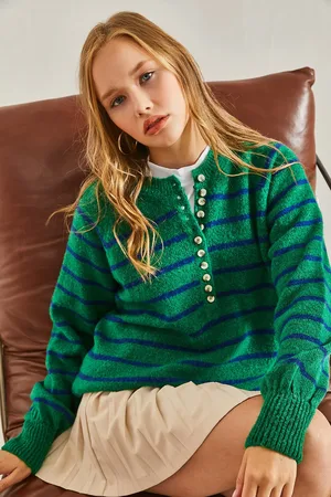 Bianco Lucci Gestreifter Strickpullover Mit Rollkragen Und Geknöpftem Kragen für Damen - Standard