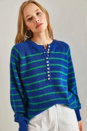 Bianco Lucci Gestreifter Strickpullover Mit Rollkragen Und Geknöpftem Kragen für Damen - Standard