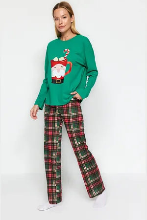 Trendyol Grünes Strick-pyjama-set Aus 100 % Baumwolle Mit Neujahrsmotiv für Damen - L