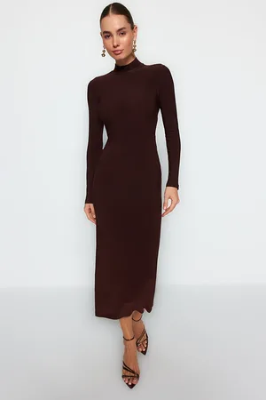 Trendyol Braunes, Tailliertes/tailliertes Maxi-bleistiftkleid Aus Flexiblem Strick Mit Stehkragen für Damen - M