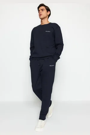 Trendyol Marineblaues, Normal Geschnittenes, Besticktes Strickpyjama-set für Herren - XL