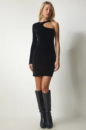 Happiness istanbul Schwarzes One-shoulder-mini-samtkleid für Damen - 40