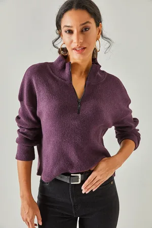 Olalook Pflaumenfarbener Pullover Mit Kapuze Und Reißverschluss , Stehkragen, für Damen - S/M