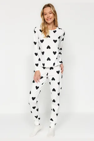 Trendyol Schwarzes Strick-pyjama-set Mit Herzmotiv – 100 % Baumwolle für Damen - L